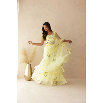DEASHA INDIA Eshanya Yellow Hand Painted Pre-Draped Saree with Stitched Blouse