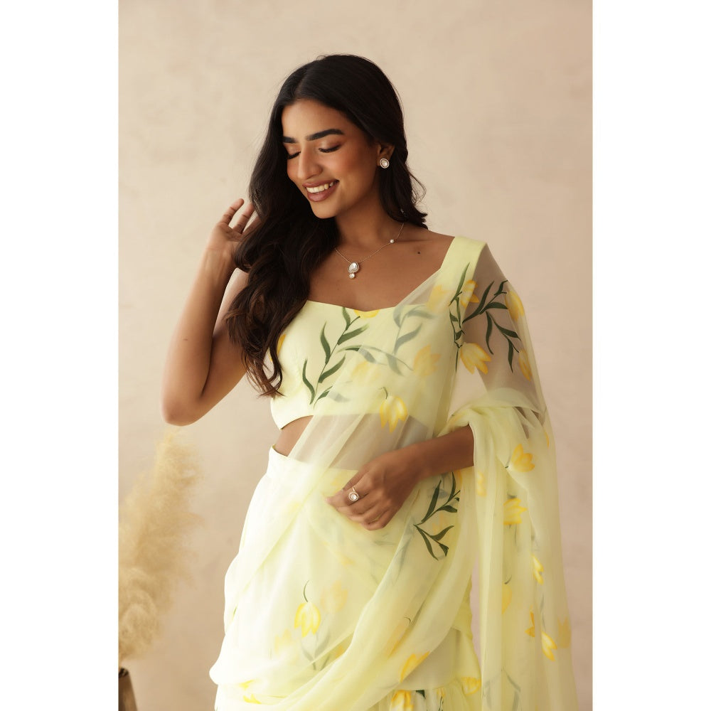 DEASHA INDIA Eshanya Yellow Hand Painted Pre-Draped Saree with Stitched Blouse