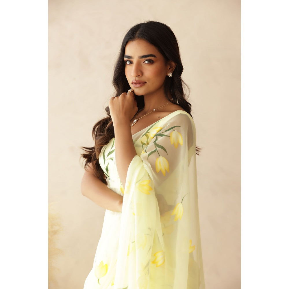 DEASHA INDIA Eshanya Yellow Hand Painted Pre-Draped Saree with Stitched Blouse