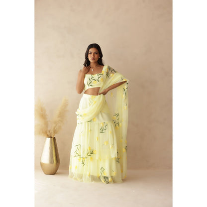 DEASHA INDIA Eshanya Yellow Hand Painted Pre-Draped Saree with Stitched Blouse