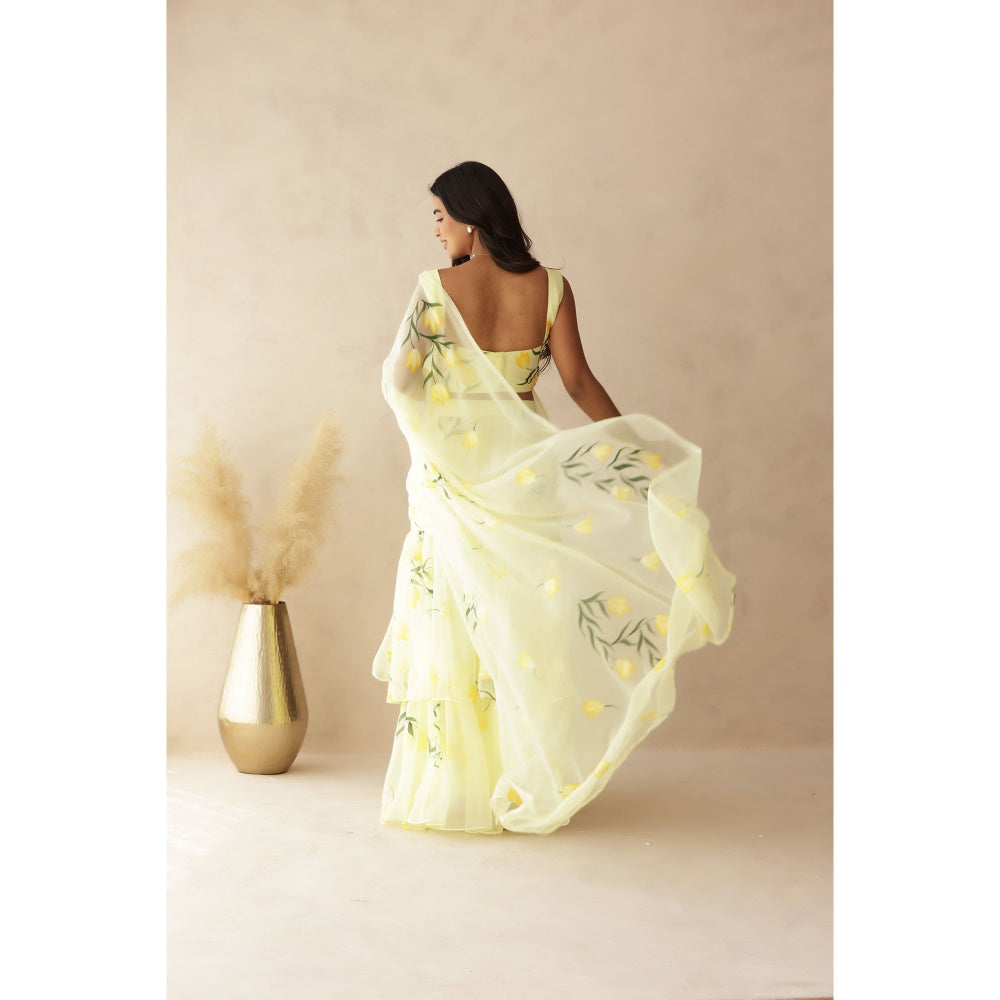 DEASHA INDIA Eshanya Yellow Hand Painted Pre-Draped Saree with Stitched Blouse