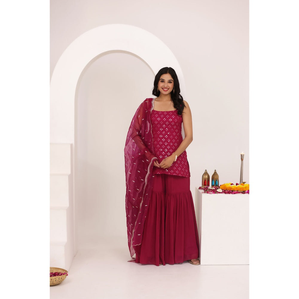 DEASHA INDIA Nora Cherry Pink Chikankari Sharara with Kurti and Dupatta (Set of 3)