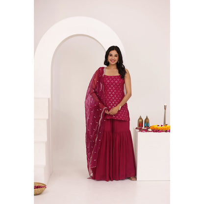 DEASHA INDIA Nora Cherry Pink Chikankari Sharara with Kurti and Dupatta (Set of 3)