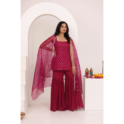 DEASHA INDIA Nora Cherry Pink Chikankari Sharara with Kurti and Dupatta (Set of 3)