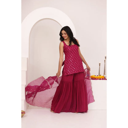 DEASHA INDIA Nora Cherry Pink Chikankari Sharara with Kurti and Dupatta (Set of 3)