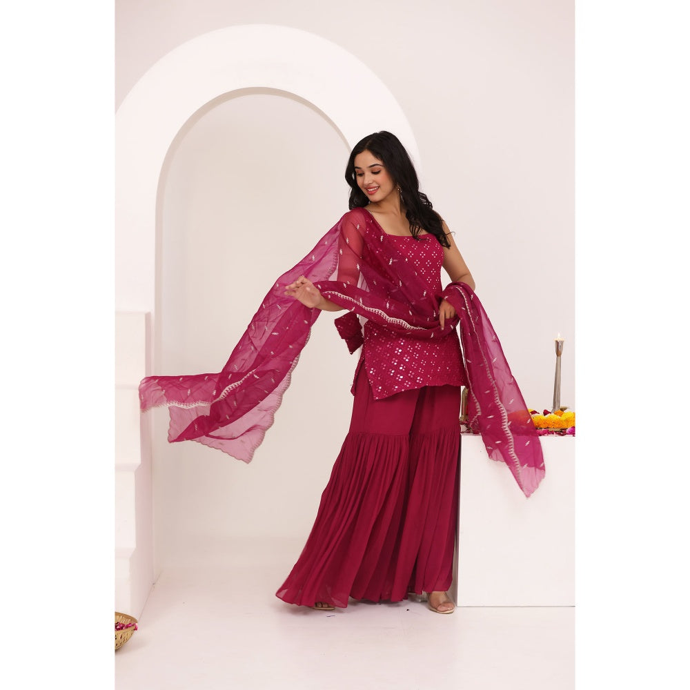 DEASHA INDIA Nora Cherry Pink Chikankari Sharara with Kurti and Dupatta (Set of 3)