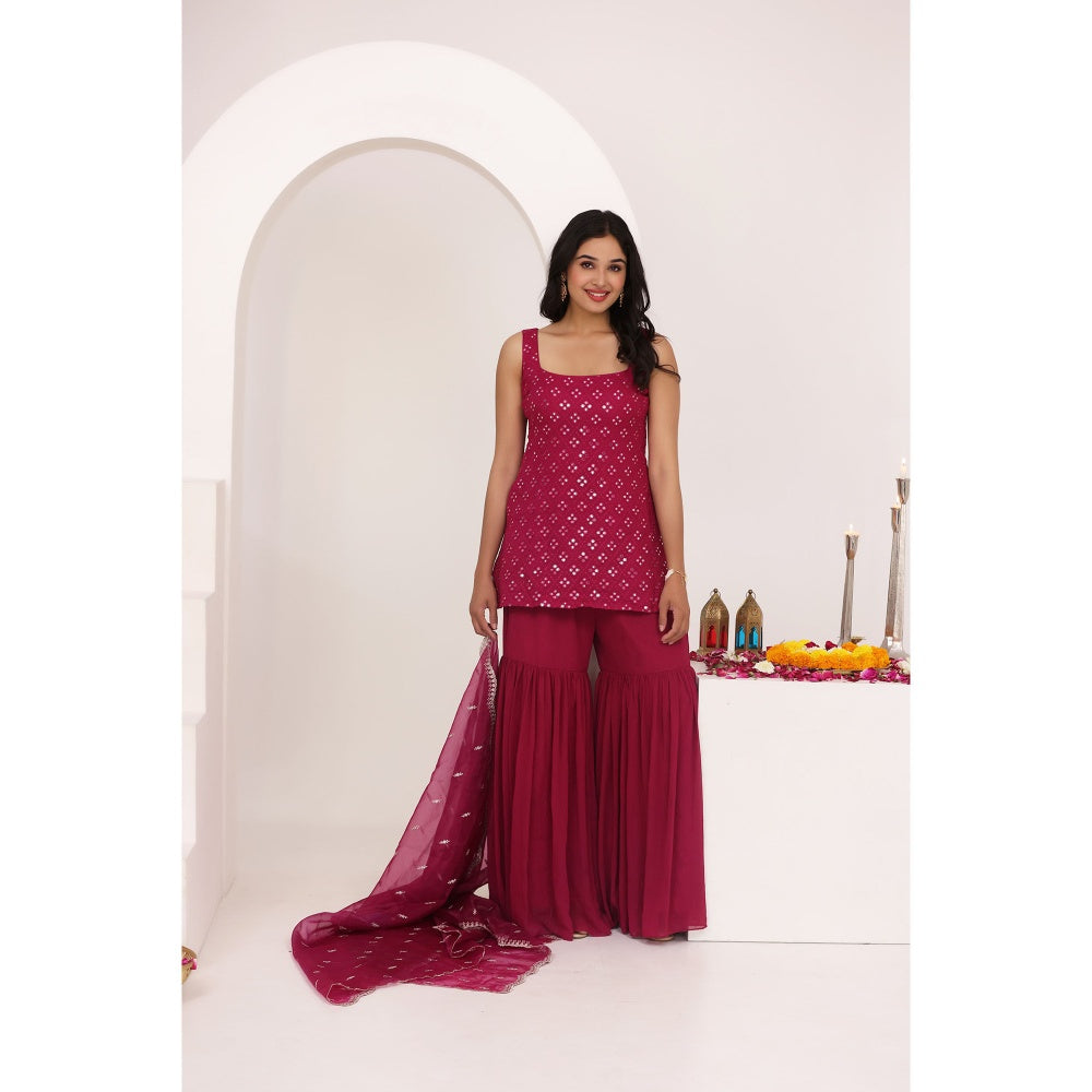 DEASHA INDIA Nora Cherry Pink Chikankari Sharara with Kurti and Dupatta (Set of 3)