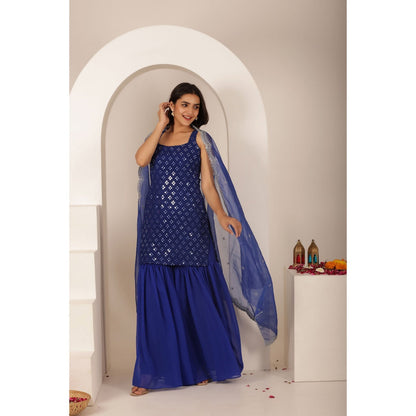 DEASHA INDIA Keerthi Blue Chikankari Sharara with Kurti and Dupatta (Set of 3)