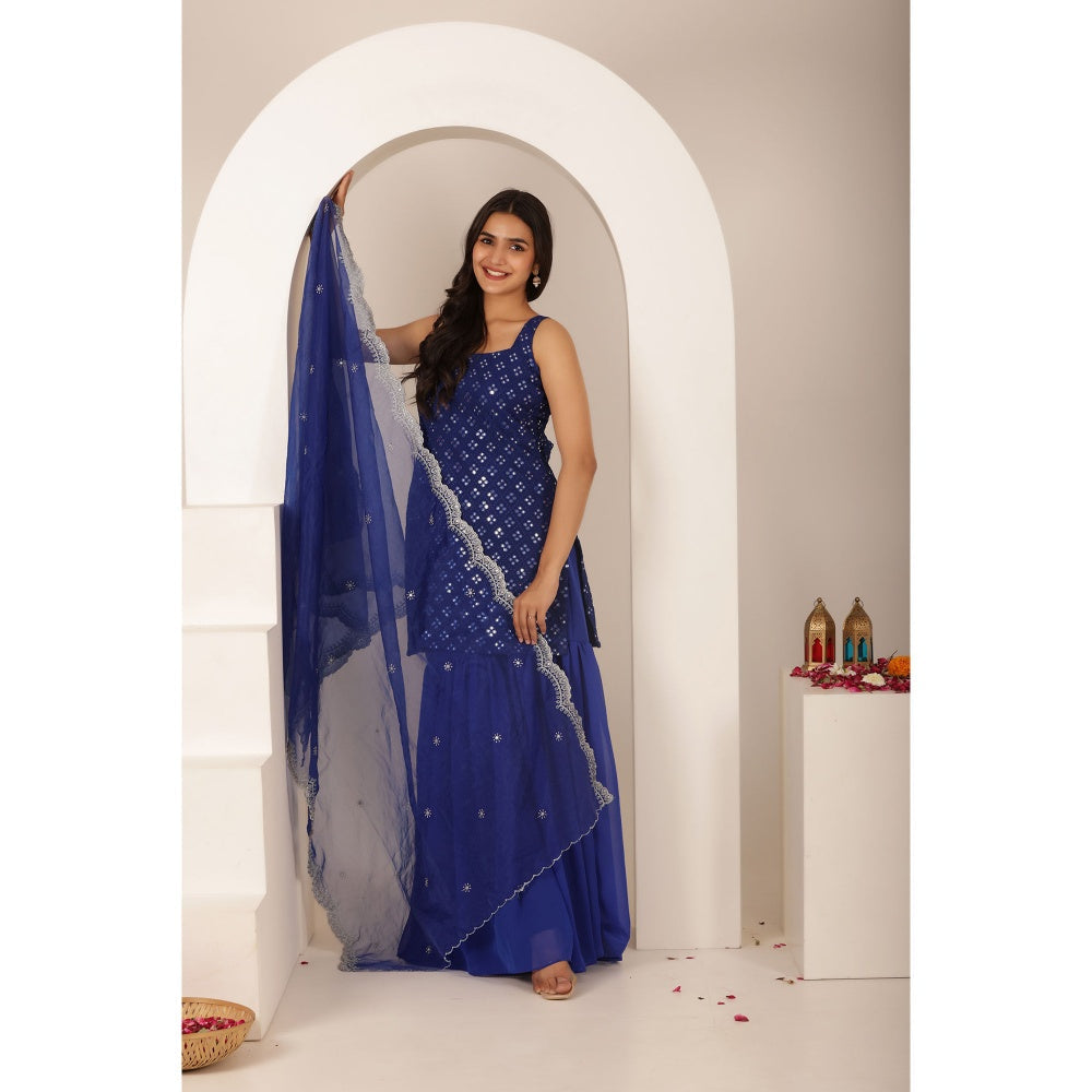 DEASHA INDIA Keerthi Blue Chikankari Sharara with Kurti and Dupatta (Set of 3)