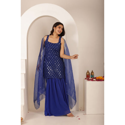 DEASHA INDIA Keerthi Blue Chikankari Sharara with Kurti and Dupatta (Set of 3)