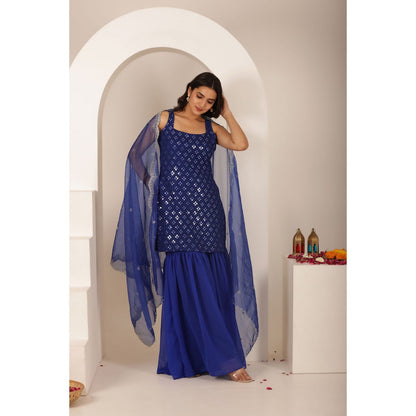 DEASHA INDIA Keerthi Blue Chikankari Sharara with Kurti and Dupatta (Set of 3)