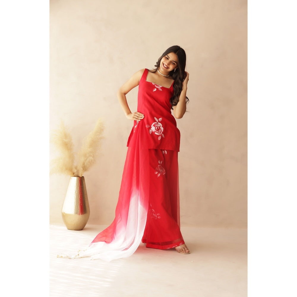 DEASHA INDIA Red Heer Hand Painted Kurti with Palazzo and Dupatta (Set of 3)