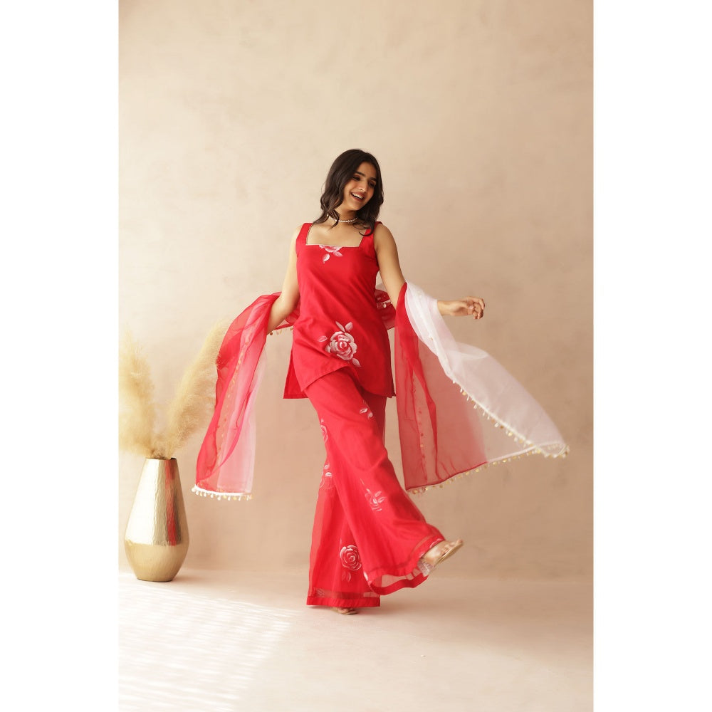 DEASHA INDIA Red Heer Hand Painted Kurti with Palazzo and Dupatta (Set of 3)