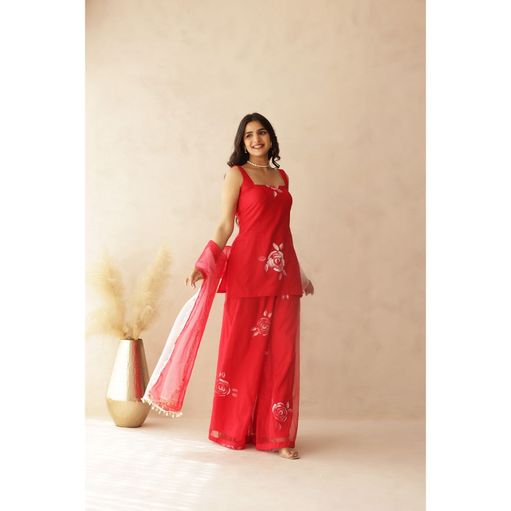 DEASHA INDIA Red Heer Hand Painted Kurti with Palazzo and Dupatta (Set of 3)
