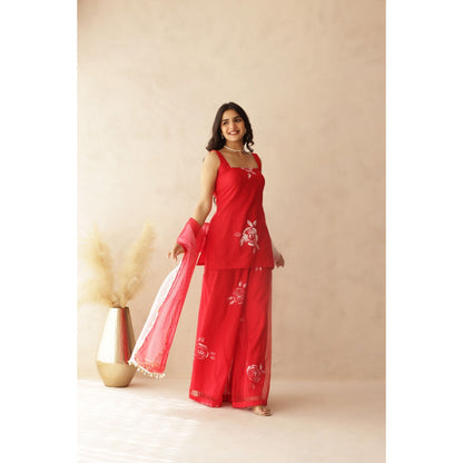 DEASHA INDIA Red Heer Hand Painted Kurti with Palazzo and Dupatta (Set of 3)