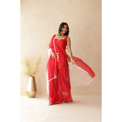DEASHA INDIA Red Heer Hand Painted Kurti with Palazzo and Dupatta (Set of 3)