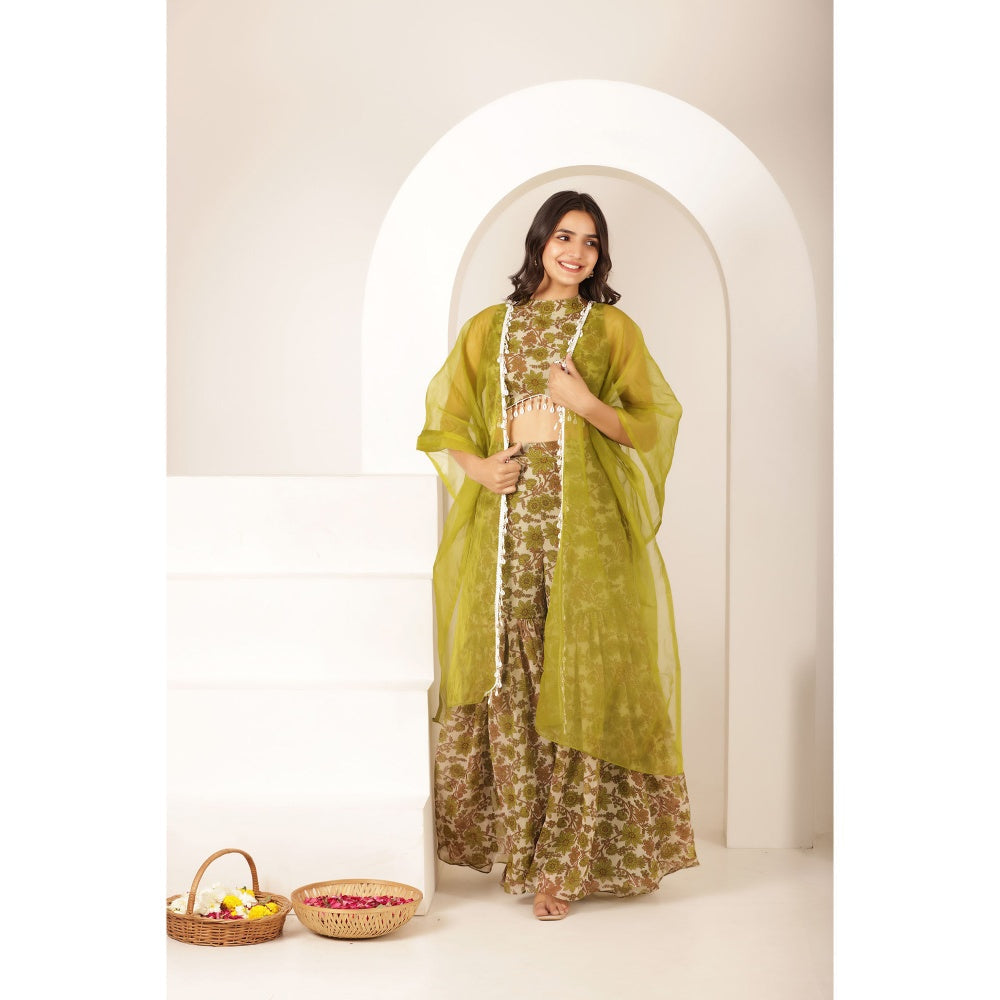 DEASHA INDIA Saee Green Floral Forest Organza Sharara with Crop Top and Cape (Set of 3)