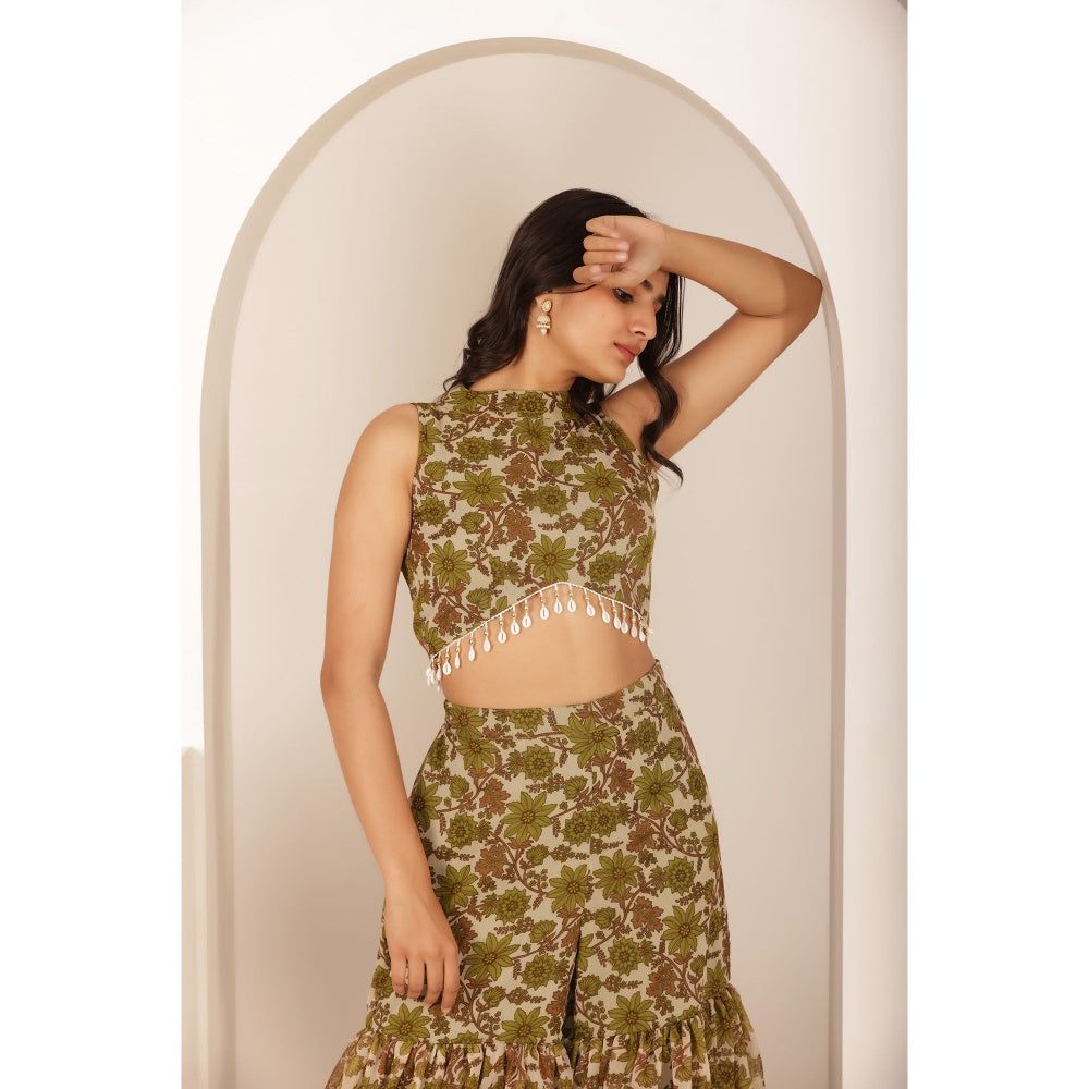 DEASHA INDIA Saee Green Floral Forest Organza Sharara with Crop Top and Cape (Set of 3)