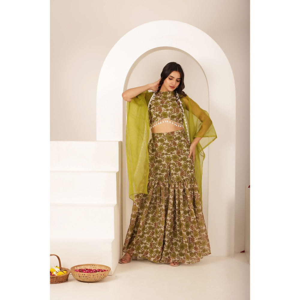 DEASHA INDIA Saee Green Floral Forest Organza Sharara with Crop Top and Cape (Set of 3)
