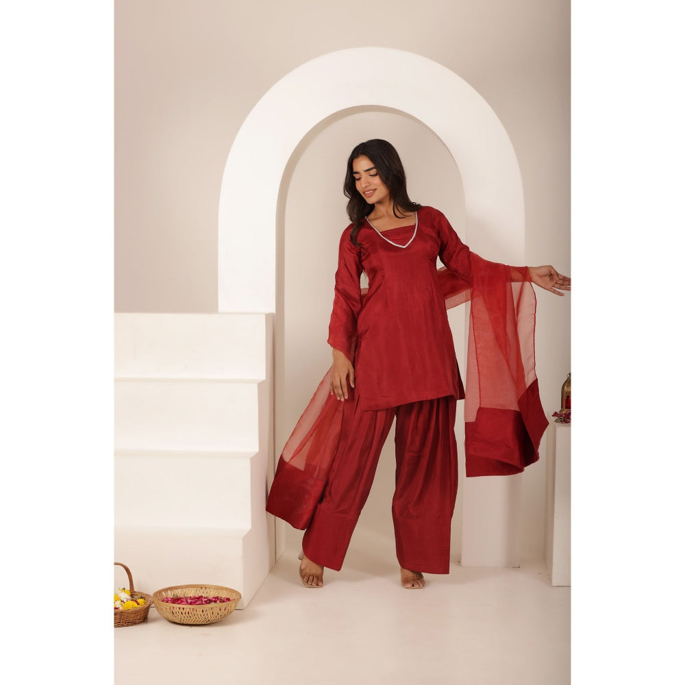 DEASHA INDIA Alizeh Red Farshid Kurti with Palazzo and Dupatta (Set of 3)