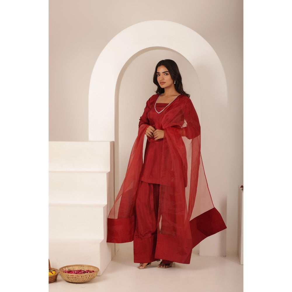 DEASHA INDIA Alizeh Red Farshid Kurti with Palazzo and Dupatta (Set of 3)