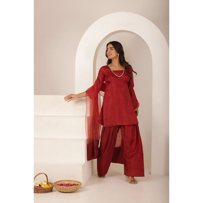 DEASHA INDIA Alizeh Red Farshid Kurti with Palazzo and Dupatta (Set of 3)