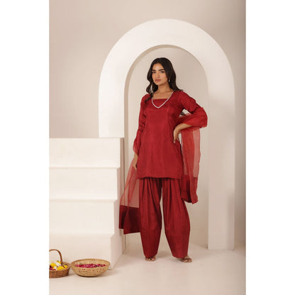 DEASHA INDIA Alizeh Red Farshid Kurti with Palazzo and Dupatta (Set of 3)