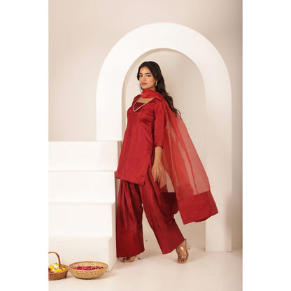 DEASHA INDIA Alizeh Red Farshid Kurti with Palazzo and Dupatta (Set of 3)