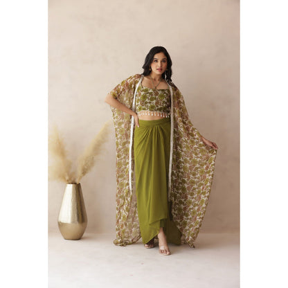 DEASHA INDIA Green Sahar Forest Cape with Blouse and Skirt (Set of 3)