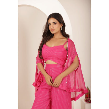 DEASHA INDIA Pakhee Pink Lurex Blouse with Palazzo and Cape (Set of 3)