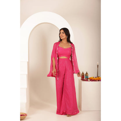 DEASHA INDIA Pakhee Pink Lurex Blouse with Palazzo and Cape (Set of 3)