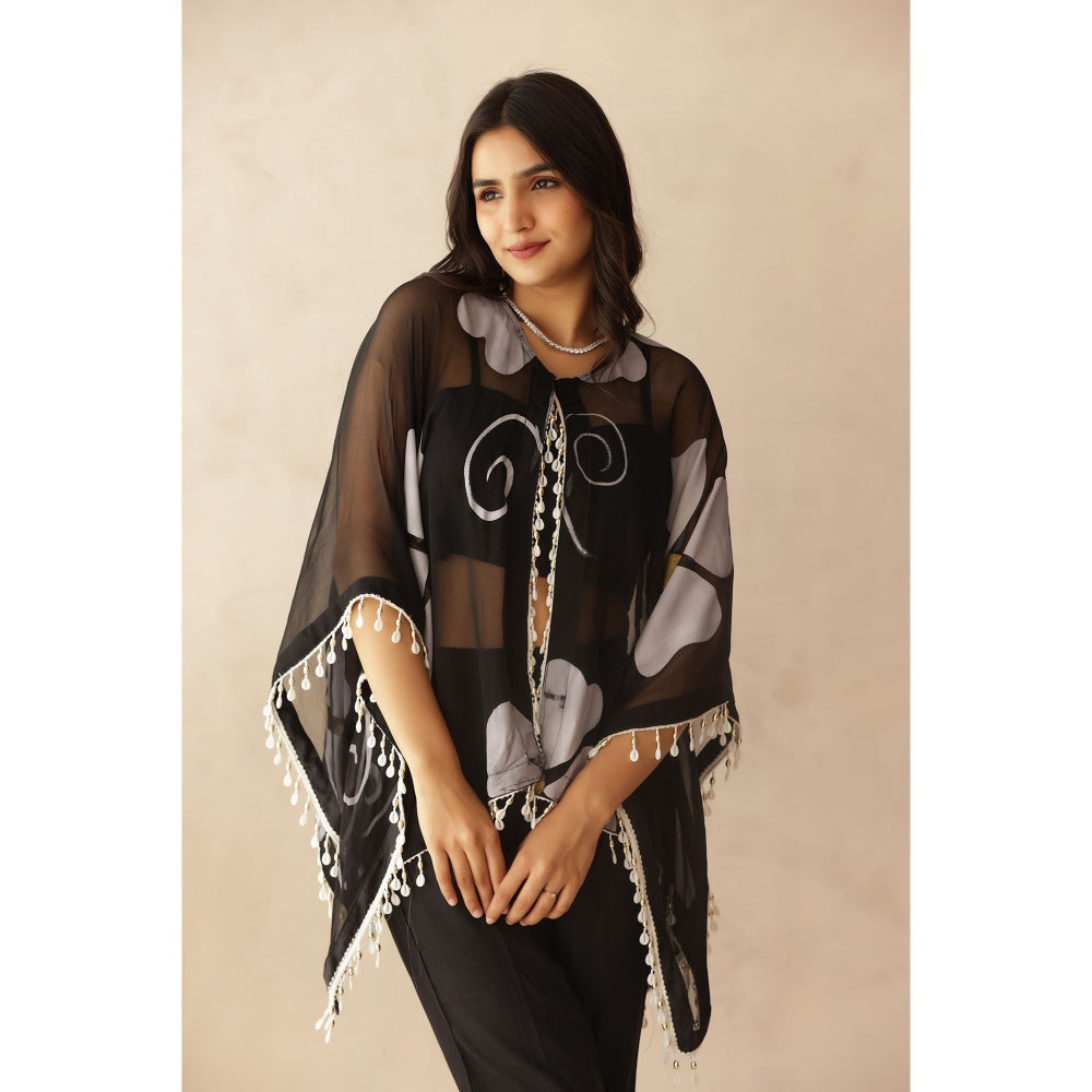 DEASHA INDIA Sakhi Black Hand Painted Cape with Blouse and Pant (Set of 3)