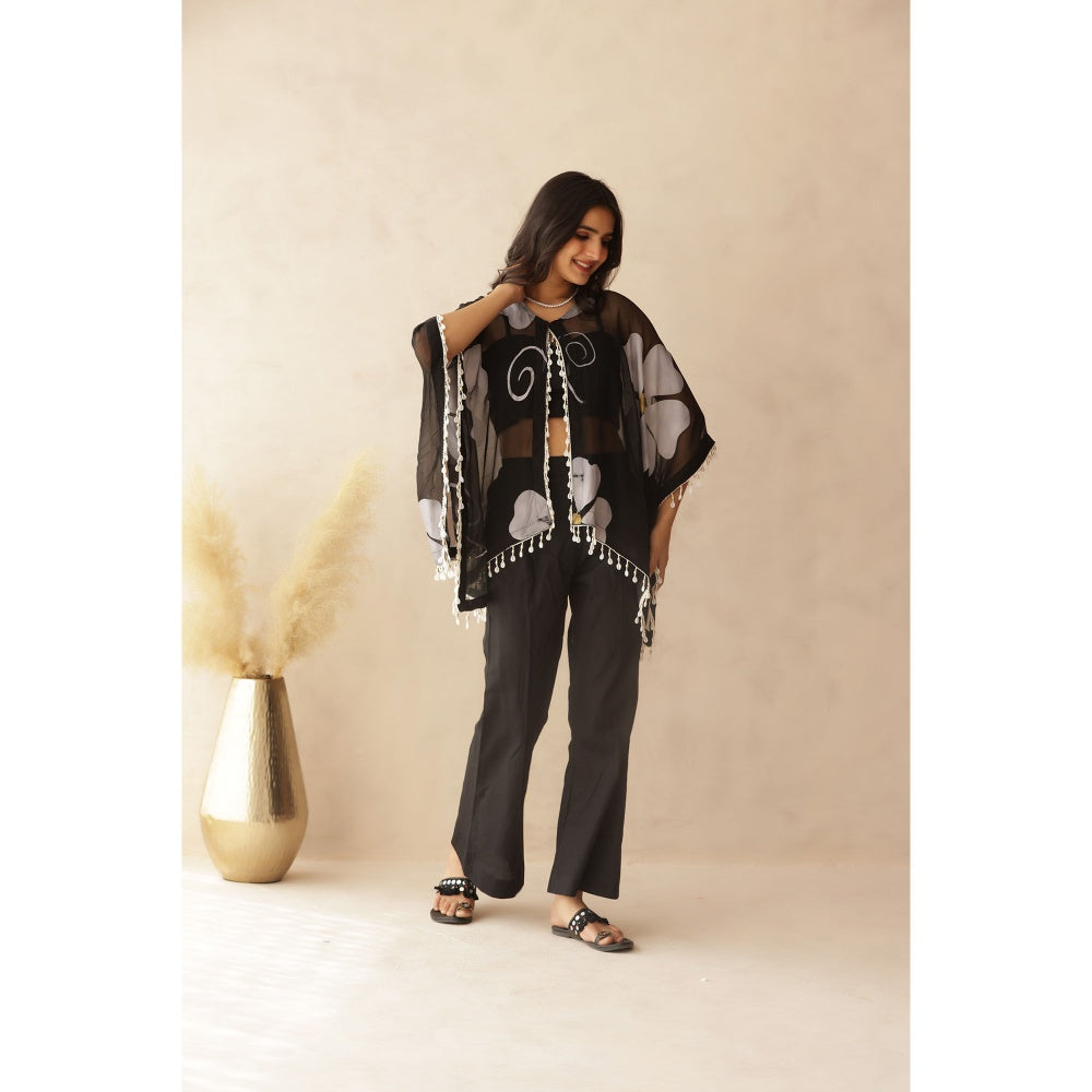 DEASHA INDIA Sakhi Black Hand Painted Cape with Blouse and Pant (Set of 3)