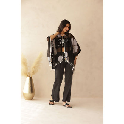 DEASHA INDIA Sakhi Black Hand Painted Cape with Blouse and Pant (Set of 3)