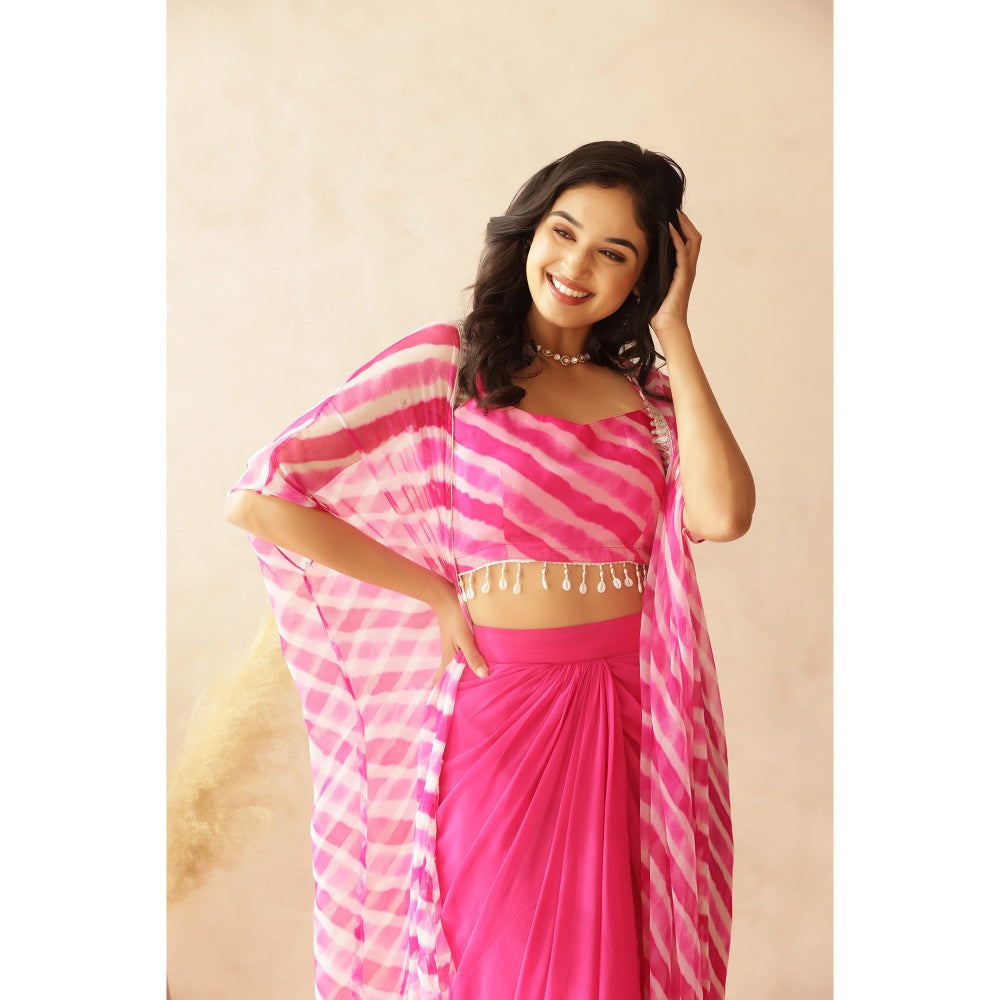 DEASHA INDIA Savya Pink Leheriya Cape with Blouse and Skirt (Set of 3)