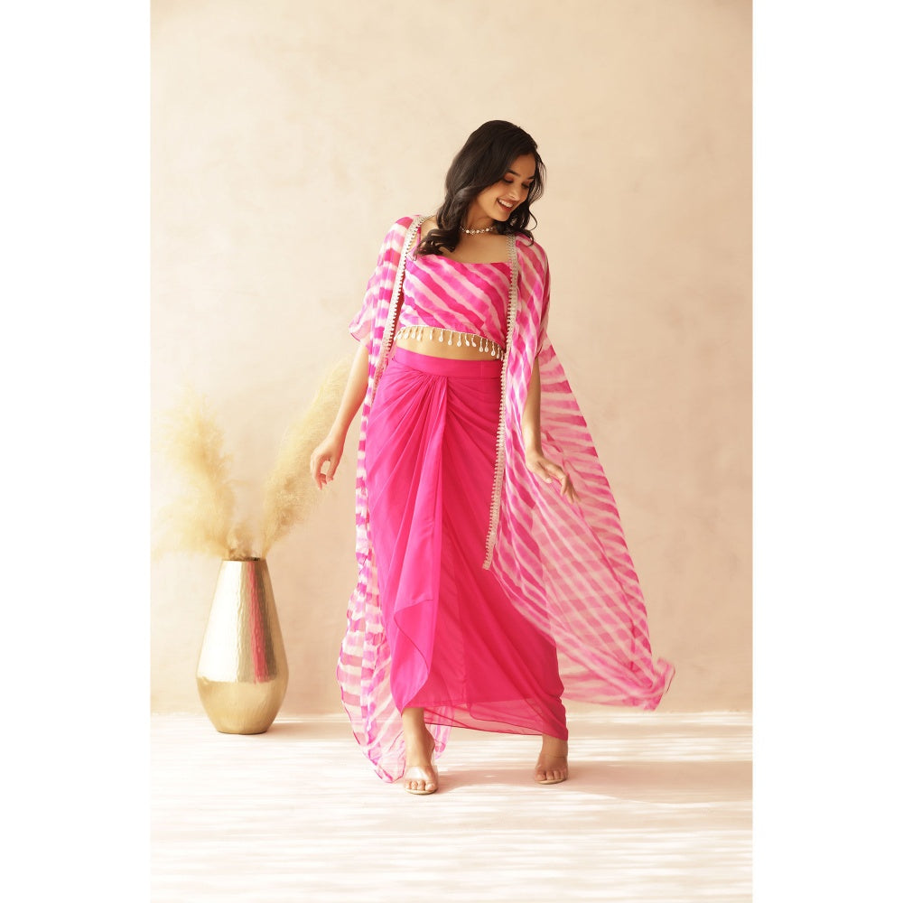 DEASHA INDIA Savya Pink Leheriya Cape with Blouse and Skirt (Set of 3)