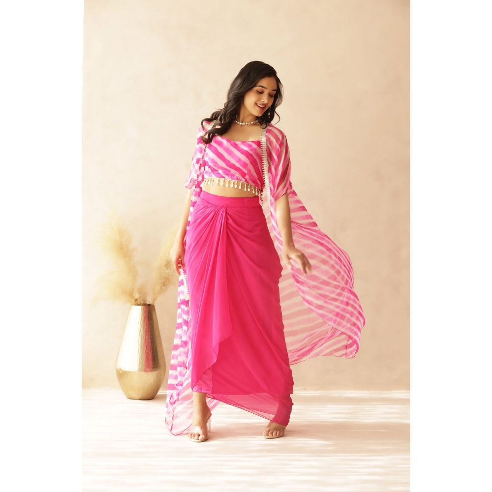 DEASHA INDIA Savya Pink Leheriya Cape with Blouse and Skirt (Set of 3)