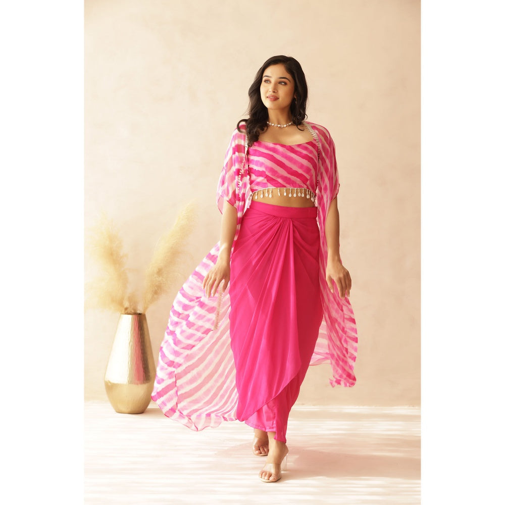 DEASHA INDIA Savya Pink Leheriya Cape with Blouse and Skirt (Set of 3)