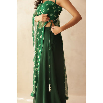 DEASHA INDIA Kiana Green Bandhej Blouse with Palazzo and Cape (Set of 3)