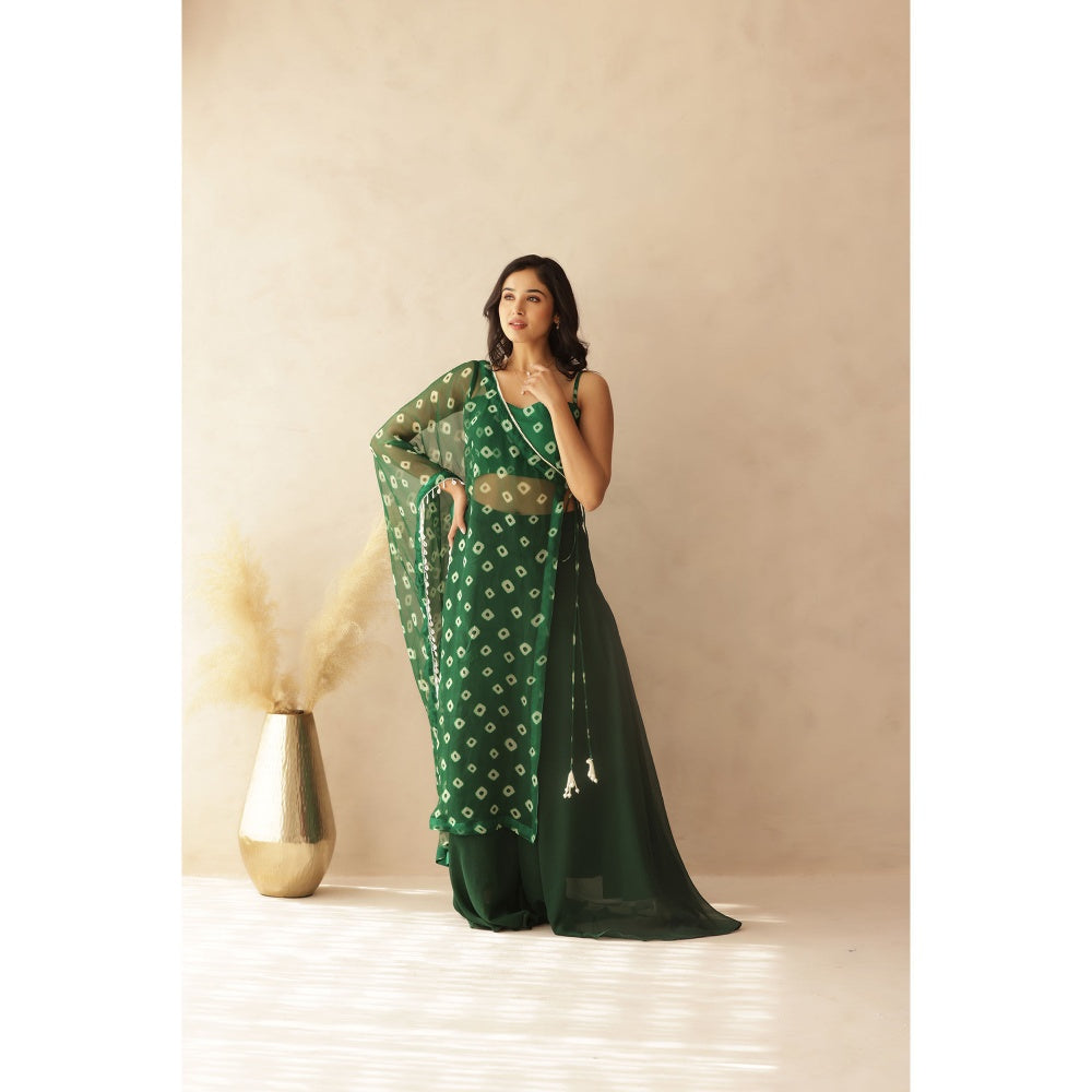 DEASHA INDIA Kiana Green Bandhej Blouse with Palazzo and Cape (Set of 3)