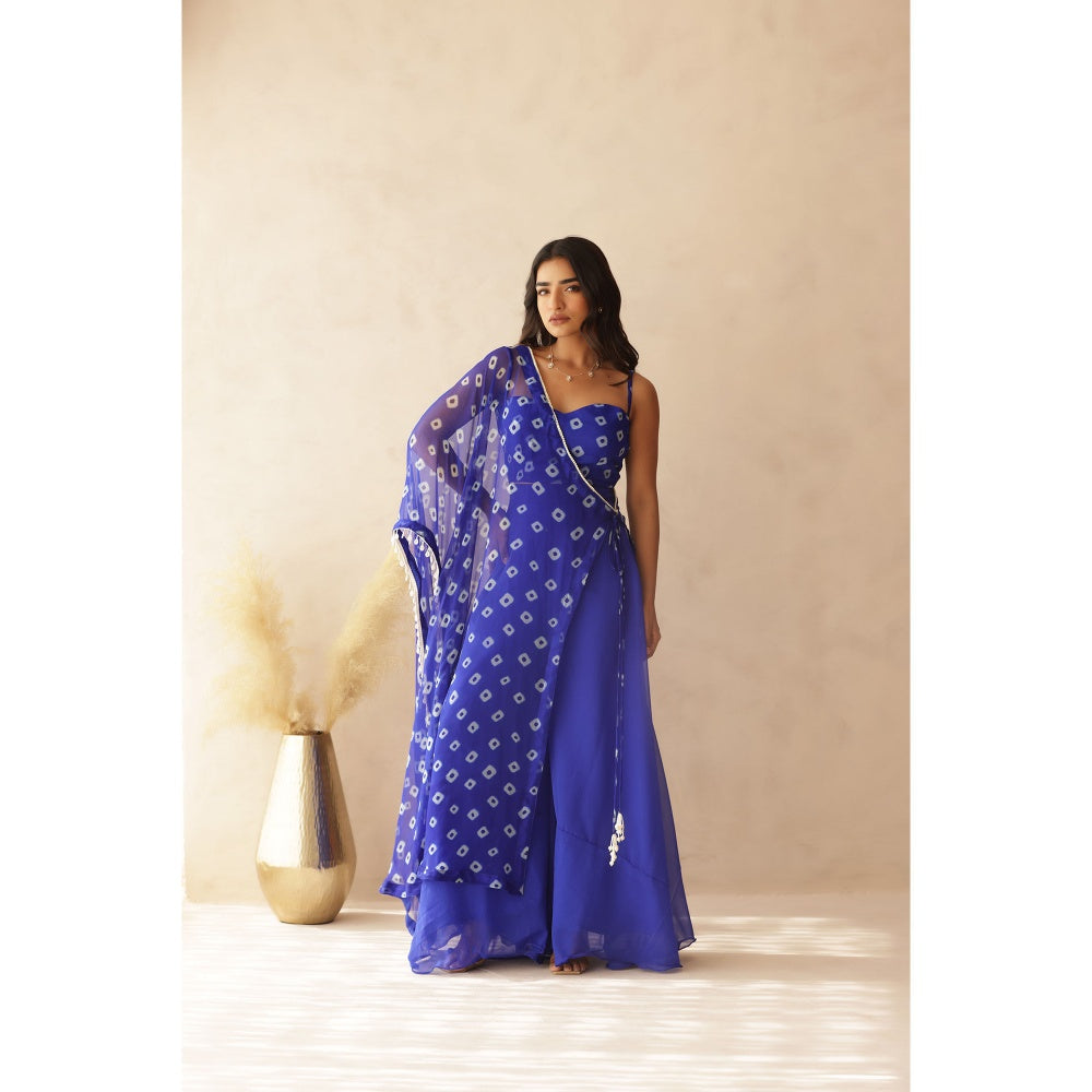 DEASHA INDIA Imara Blue Bandhej Cape with Blouse and Palazzo (Set of 3)