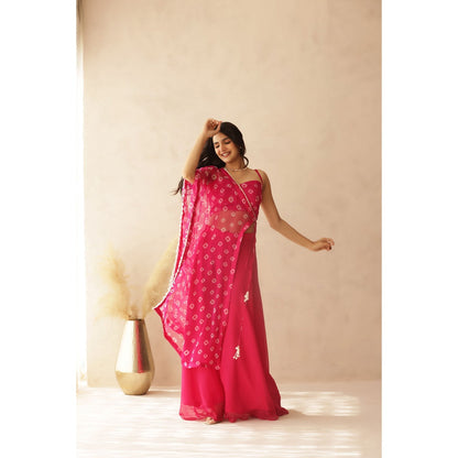 DEASHA INDIA Alani Pink Bandhej Cape with Blouse and Palazzo (Set of 3)