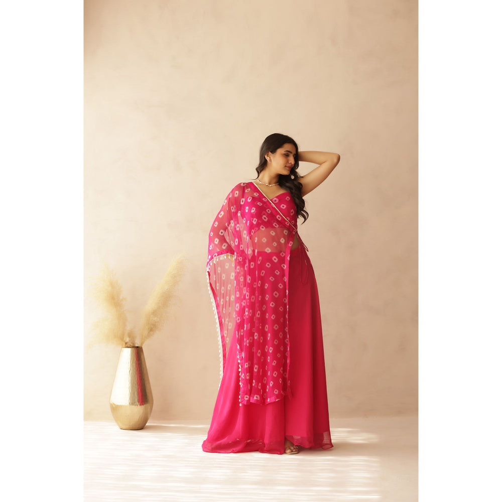DEASHA INDIA Alani Pink Bandhej Cape with Blouse and Palazzo (Set of 3)