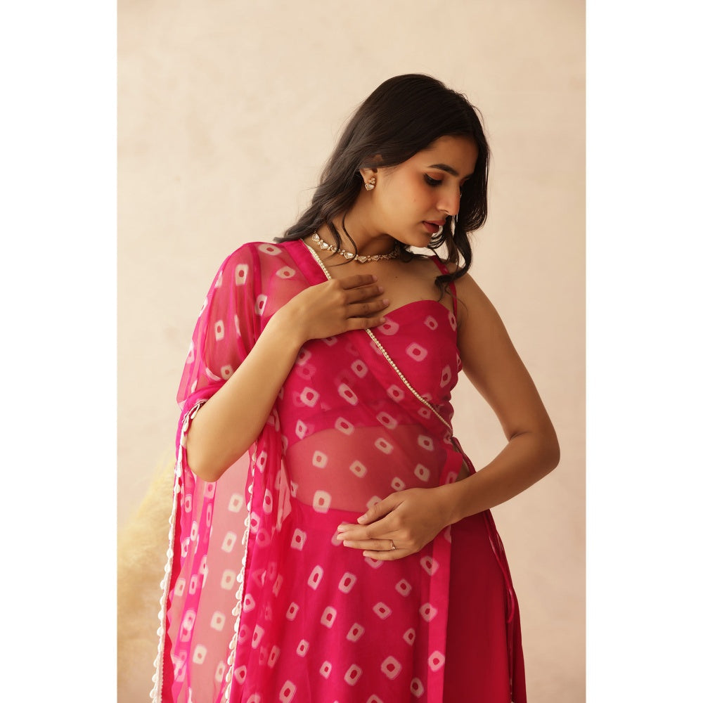 DEASHA INDIA Alani Pink Bandhej Cape with Blouse and Palazzo (Set of 3)