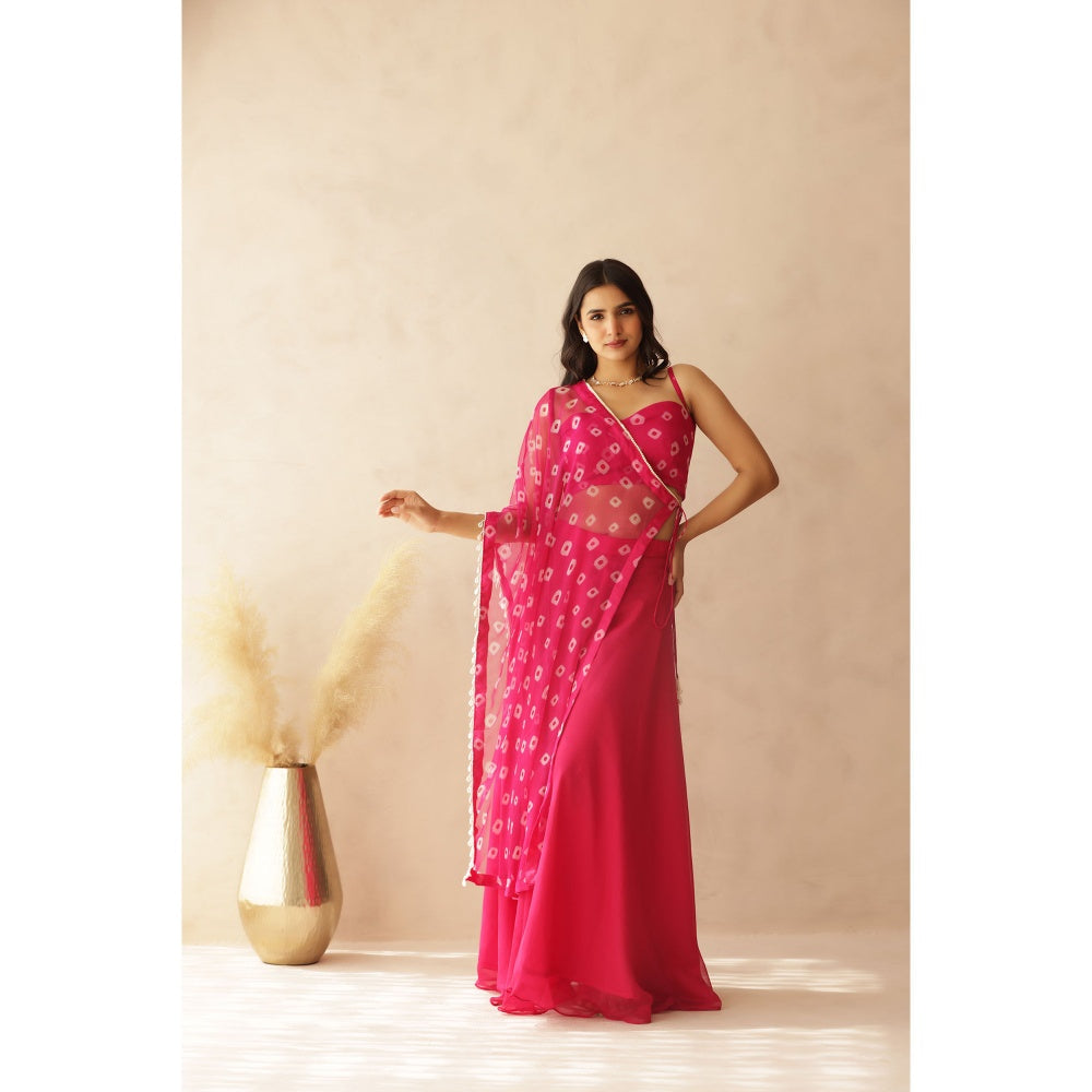 DEASHA INDIA Alani Pink Bandhej Cape with Blouse and Palazzo (Set of 3)