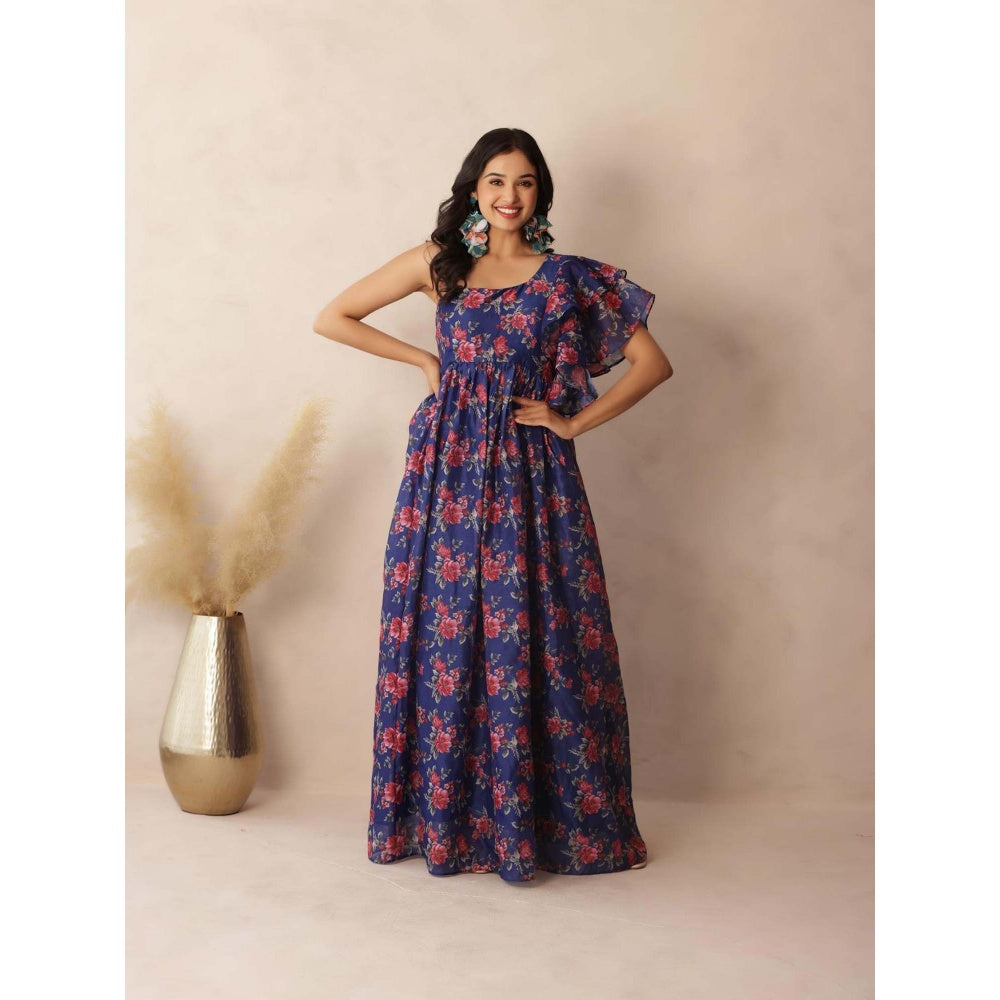 DEASHA INDIA Stella Dark Blue Floral Printed One Shoulder Dress