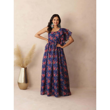 DEASHA INDIA Stella Dark Blue Floral Printed One Shoulder Dress