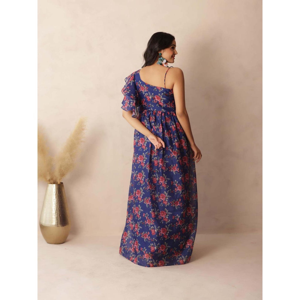 DEASHA INDIA Stella Dark Blue Floral Printed One Shoulder Dress