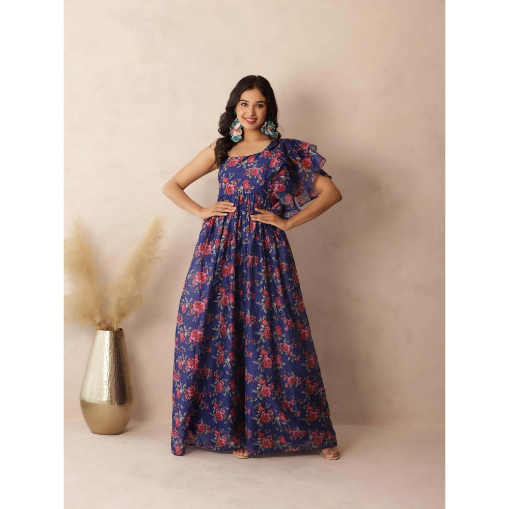 DEASHA INDIA Stella Dark Blue Floral Printed One Shoulder Dress