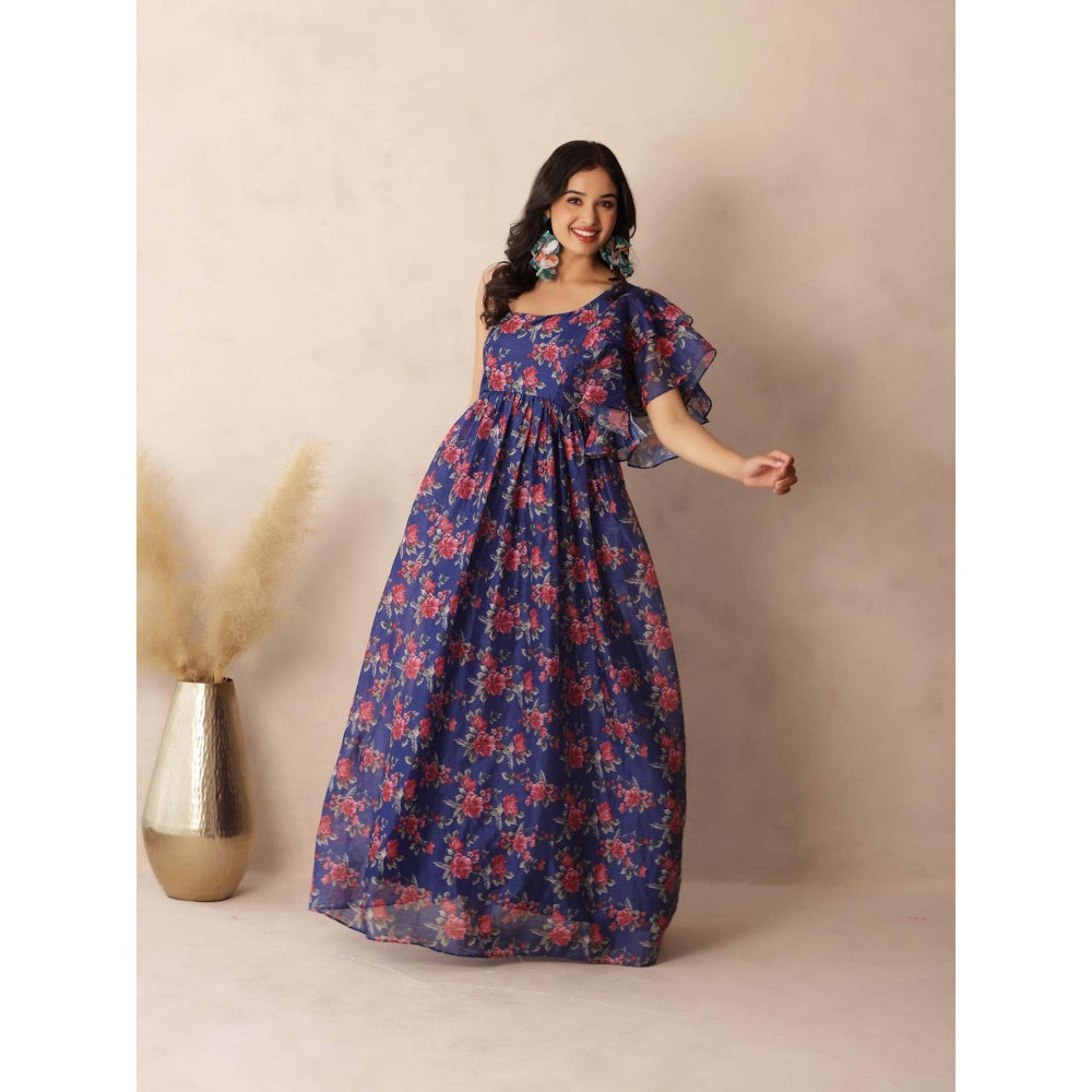 DEASHA INDIA Stella Dark Blue Floral Printed One Shoulder Dress